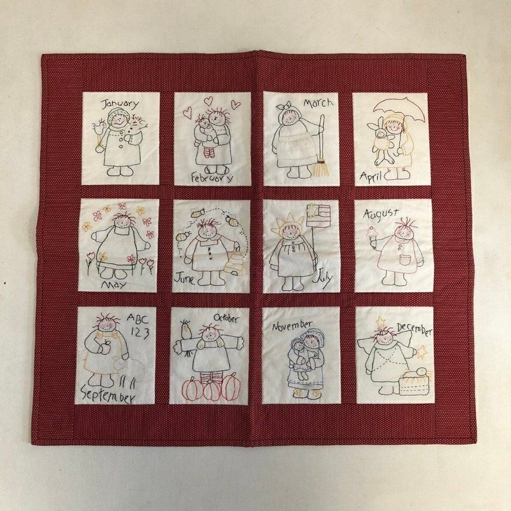 Handmade Kids Quilt 12 Months Embroidery Calendar Vintage Theme
